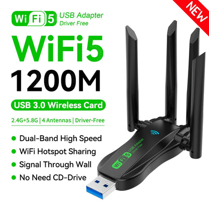 1200Mbps Wifi USB Adapter Dual Band 2.4G+5Ghz Wi-Fi Dongle 4 Antenna 802.11AC USB3.0 High-Speed Wireless Card Receiver Pc/Laptop