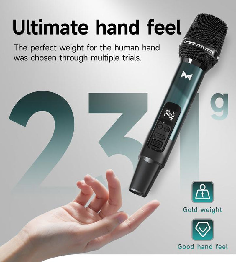 Wireless Microphone, Metal Dynamic Wireless Microphones with One-To-One Chip Connection and Rechargeable Receiver, 40H Duration, 200FT Range Receiving, Volume Control Karaoke Microphone for Singing