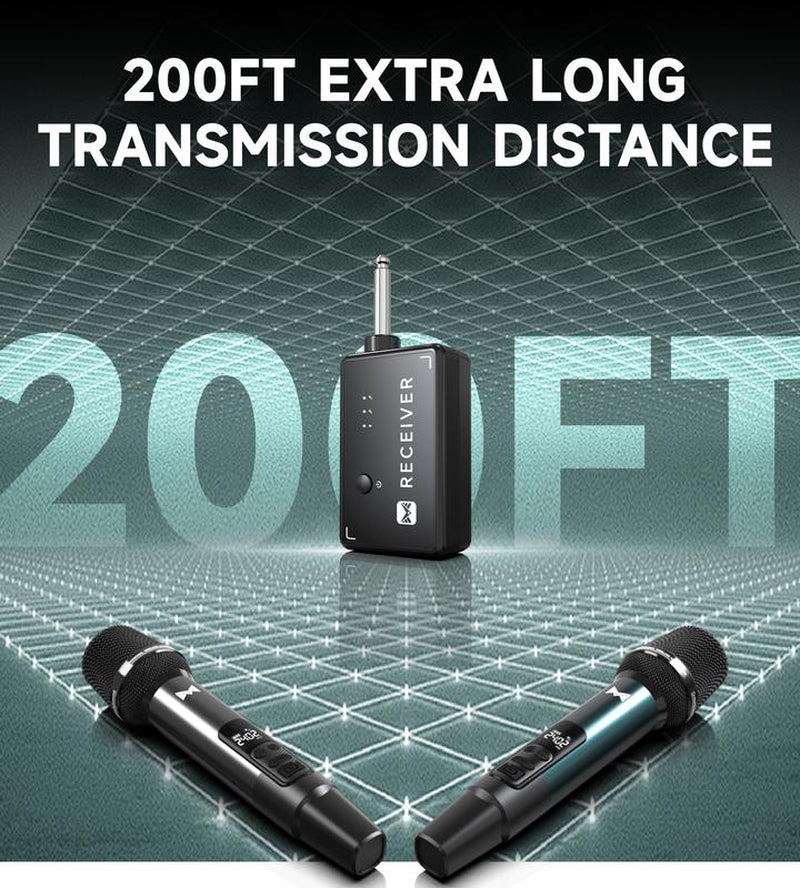 Wireless Microphone, Metal Dynamic Wireless Microphones with One-To-One Chip Connection and Rechargeable Receiver, 40H Duration, 200FT Range Receiving, Volume Control Karaoke Microphone for Singing
